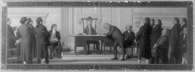 An image of Benjamin Franklin Signing the Declaration of Independence, Created & Published 1911.