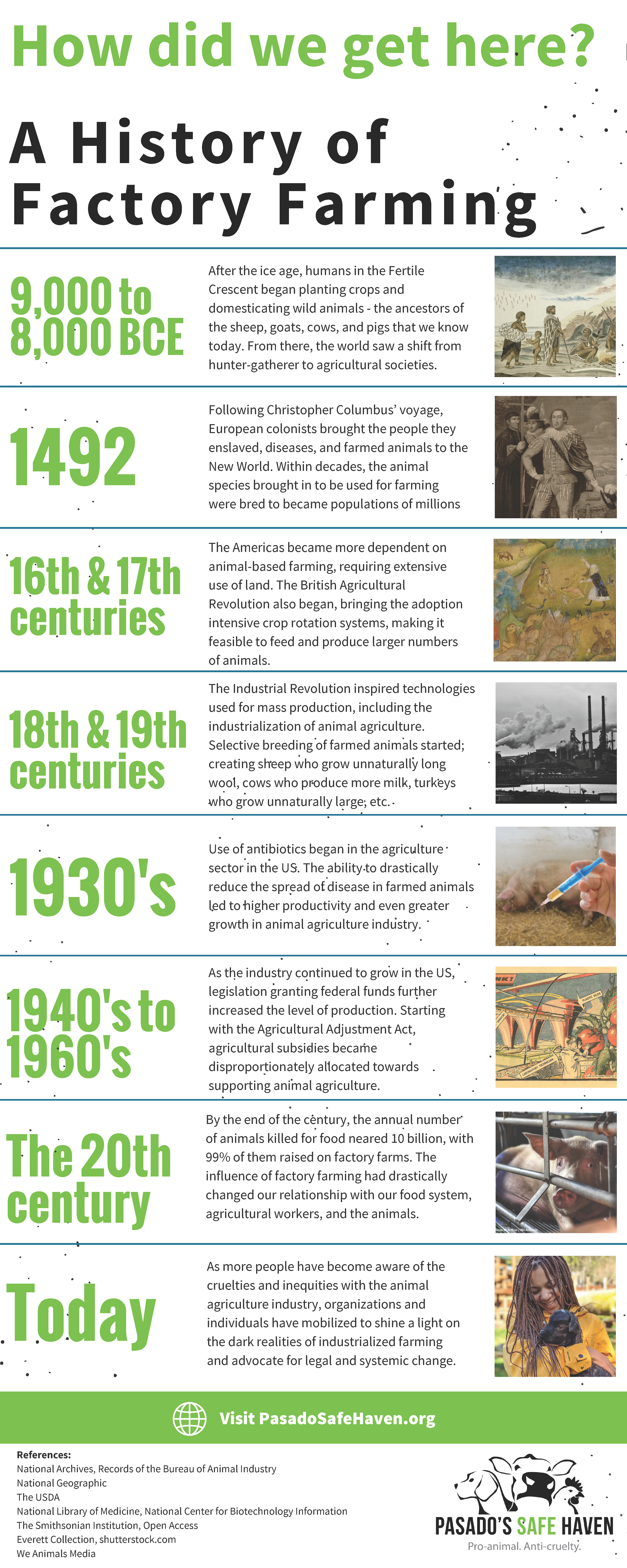 How Did We Get Here: A History of Factory Farming providing a brief overview of each period from 9,000 BCE, until today. 

PasadoSavfeHaven.Org provides a graphic with brief overviews of each period.